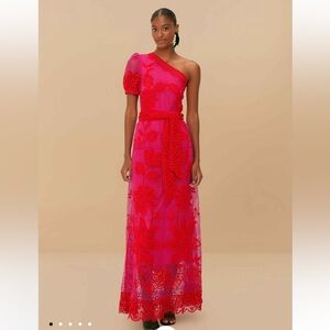 Bicolor Guipure One-Shoulder Maxi Dress